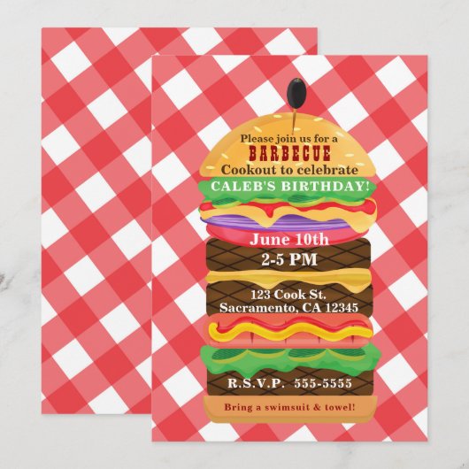 Rode hamburger zomer barbecue uitnodigingen (Voorkant / Achterkant)