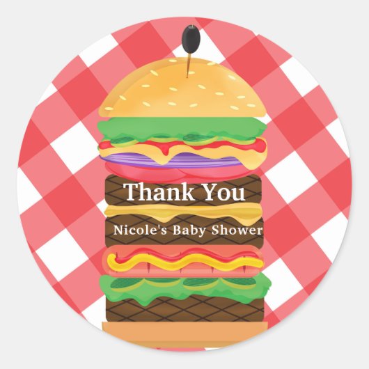 Rode hamburger zomer barbecuefeest cadeau ronde sticker (Voorkant)