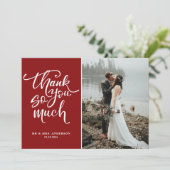 Rode hand beletterde foto bruiloft bedankkaart (Staand voorkant)