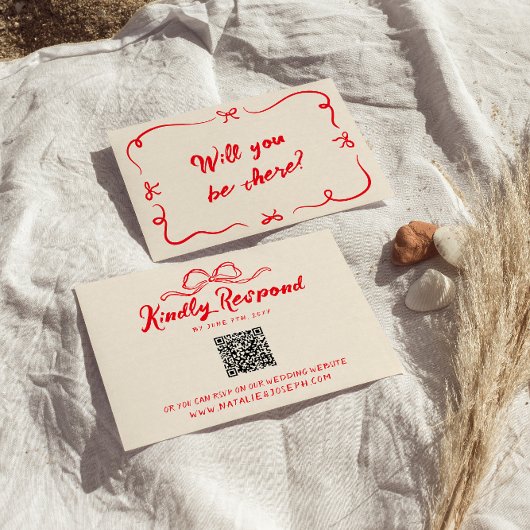 Rode Hand Geschreven Eigenzinnige Moderne Boog QR  RSVP Kaartje