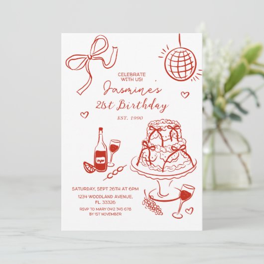 Rode hand getekend 21e, 30e, 40e, 50e, verjaardag kaart (Staand voorkant)