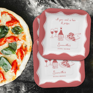Rode Hand Getekende Italiaanse Pizza Wijn Bruidsdi Papieren Bordje