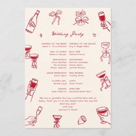 Rode Hand getrokken bruiloft Programmakaart (Achterkant)