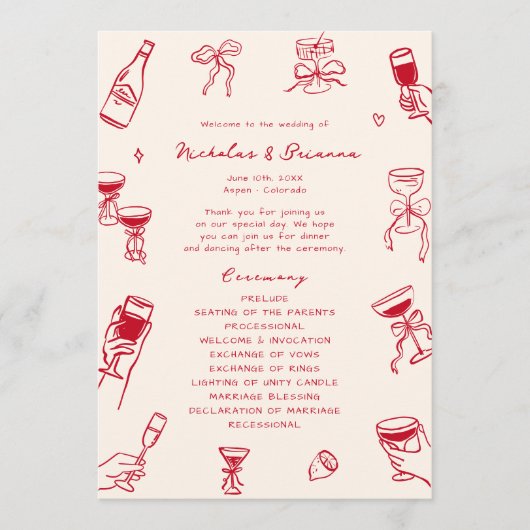 Rode Hand getrokken bruiloft Programmakaart (Voorkant)