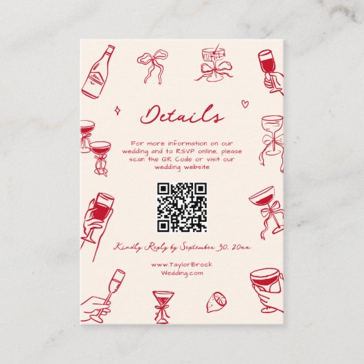 Rode Hand getrokken dat meer bruiloft details QR-c Informatiekaartje (Voorkant)