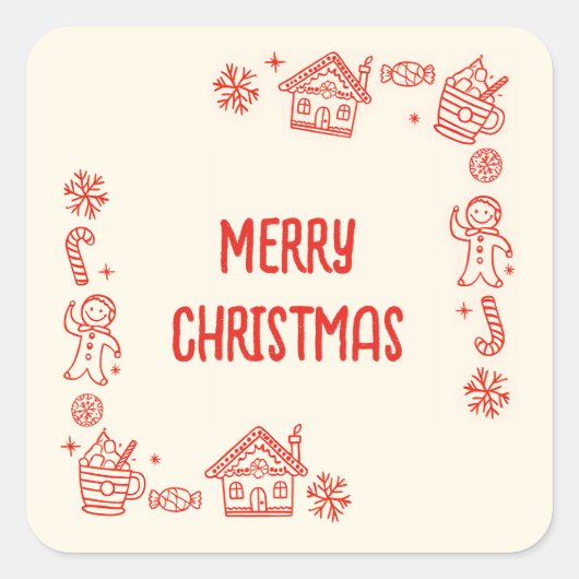 Rode Hand getrokken Doodle grillige vrolijke kerst Vierkante Sticker (Voorkant)