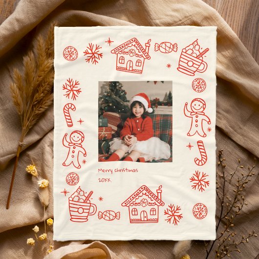 Rode Hand Getrokken Doodle Whimsical Foto Kerstmis Fleece Deken
