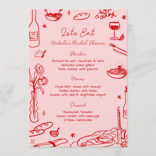 Rode Hand getrokken grillige bruiloft menu (Voorkant)