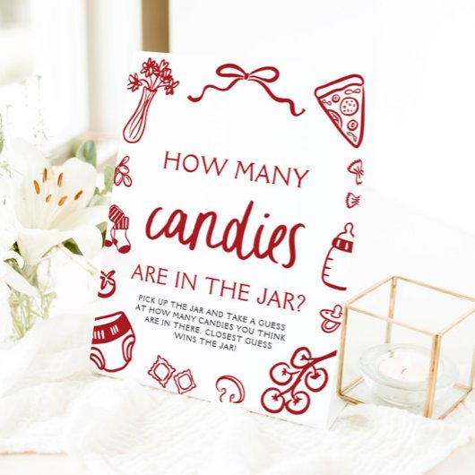 Rode hand getrokken raden hoeveel Snoepjes Baby sh Reclamebord Met Voetstuk