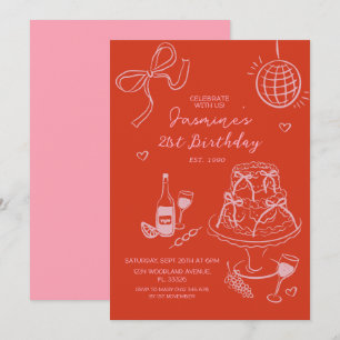 Rode Hand Getrokken Schattigee Roze Verjaardag Kaart