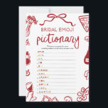 Rode Hand getrokken Vrijgezellenfeest Emoji Pictio Kaart<br><div class="desc">ANTWOORDEN: 1. LOVE SWEET LOVE 2. BRUID-TO-BE 3. VRIJGEZELLENFEEST 4. RINGDRAGER 5. HUWELIJKSREIS 6. GOOI HET BOEKET 7. KUS DE BRUID 8. TOT DE DOOD ONS DOET DEEL 9. BRIDEZILLA 10. LIEFDE VOOR DE MAAN EN TERUG 11. BESTEMMING BRUILOFT 12. WIL JE MET ME TROUWEN? --------------------------------- 🍕 Dat is Amore...</div>