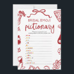 Rode Hand getrokken Vrijgezellenfeest Emoji Pictio Kaart<br><div class="desc">ANTWOORDEN: 1. LOVE SWEET LOVE 2. BRUID-TO-BE 3. VRIJGEZELLENFEEST 4. RINGDRAGER 5. HUWELIJKSREIS 6. GOOI HET BOEKET 7. KUS DE BRUID 8. TOT DE DOOD ONS DOET DEEL 9. BRIDEZILLA 10. LIEFDE VOOR DE MAAN EN TERUG 11. BESTEMMING BRUILOFT 12. WIL JE MET ME TROUWEN? --------------------------------- 🍕 Dat is Amore...</div>