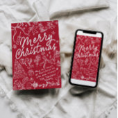 Rode Hand Getrokken Vrolijke Kerstmis Kaart