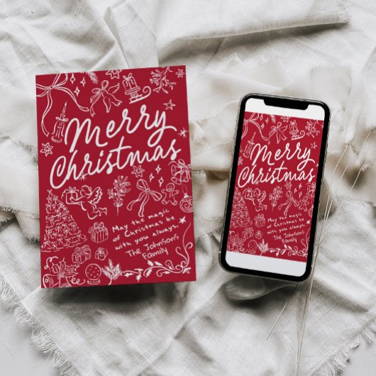 Rode Hand Getrokken Vrolijke Kerstmis Kaart