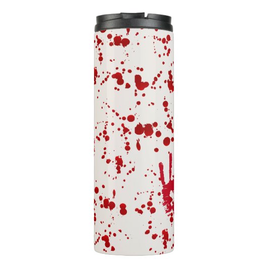 Rode handafdrukken en bloedspatten met voorzichtig thermosbeker (Achterkant)