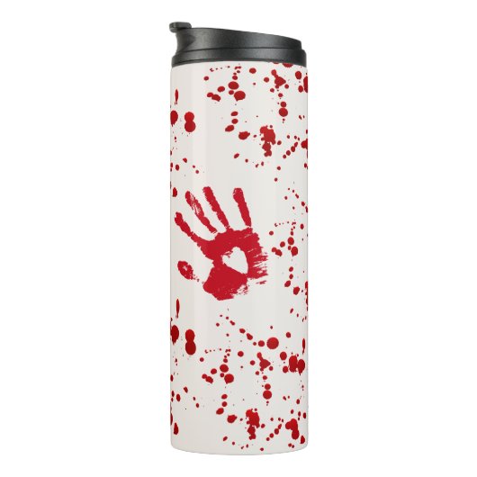 Rode handafdrukken en bloedspatten met voorzichtig thermosbeker (Geroteerd rechts)
