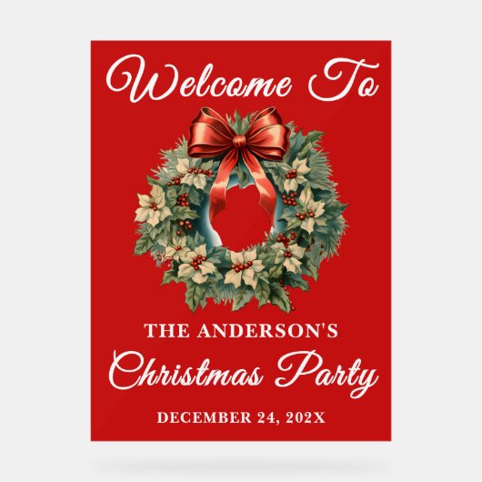 Rode handgeschreven script kerstfeest welkom acryl bord (Voorkant)