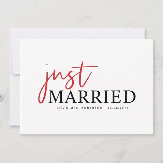 Rode handgeschreven Typografie Modern net getrouwd Aankondiging (Voorkant)