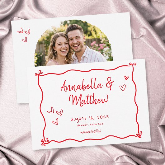 Rode handgetekende hart whimsical moderne foto save the date