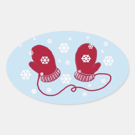 Rode handschoenen en sneeuwvlokken ovale sticker (Voorkant)