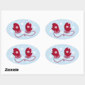Rode handschoenen en sneeuwvlokken ovale sticker (Vel)