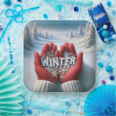 Rode handschoenen met wintertekst papieren bordje (Feest)