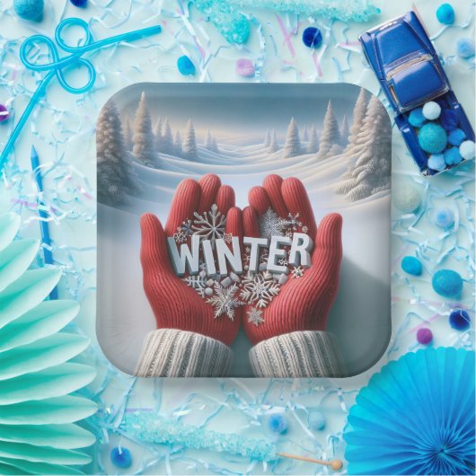 Rode handschoenen met wintertekst papieren bordje (Feest)