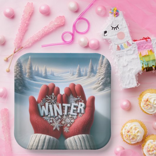 Rode handschoenen met wintertekst papieren bordje (Feest)