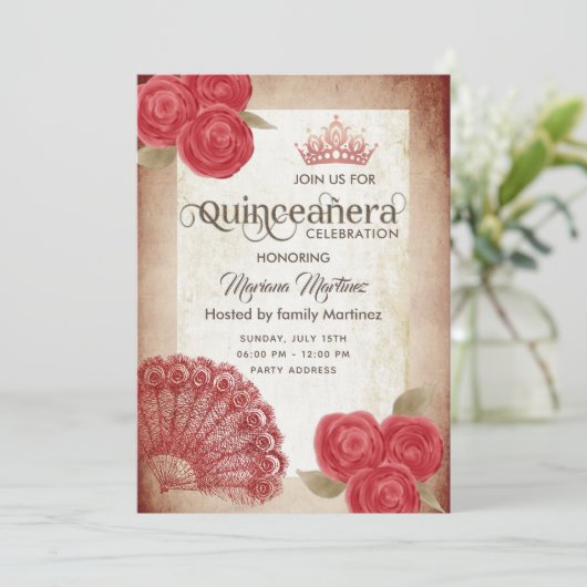 rode handventilator rozen tiara Quince Kaart (Staand voorkant)