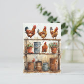 Rode Hanen op Potting Bench Rusty Pails Briefkaart (Staand voorkant)
