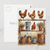 Rode Hanen op Potting Bench Rusty Pails Briefkaart (Voorkant / Achterkant)