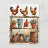 Rode Hanen op Potting Bench Rusty Pails Briefkaart (Voorkant)