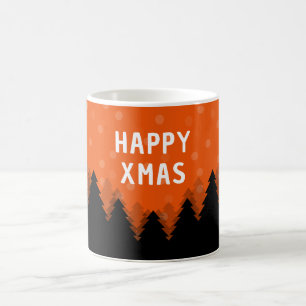 Rode Happy Xmas mok met bos, bomen en sneeuw