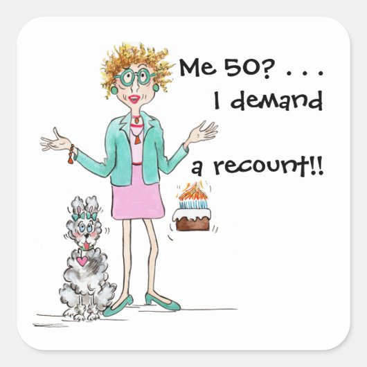 Rode harige dame draait om 50 en protesteert vierkante sticker (Voorkant)