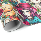 Rode Hart Alice Tea Party Thema Cadeaupapier (Rol Hoek)