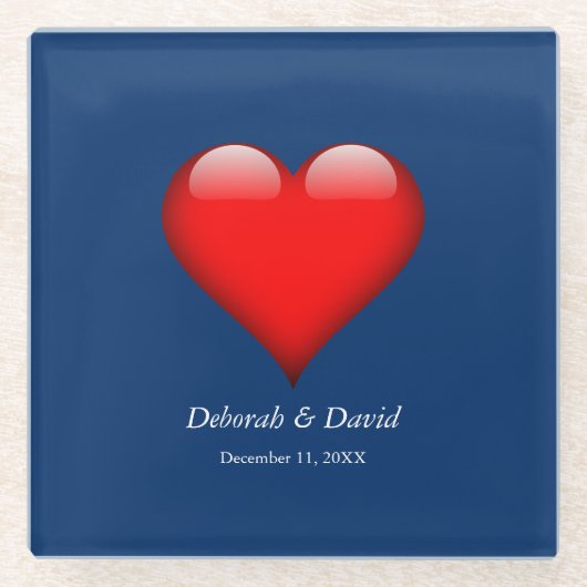 Rode Hart Blauw Moderne Minimalistische Bruiloft Glazen Onderzetter (Voorkant)