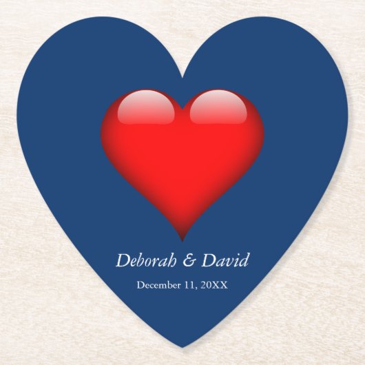 Rode Hart Blauw Moderne Minimalistische Bruiloft Kartonnen Onderzetters (Voorkant)