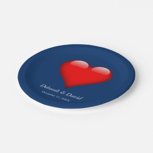 Rode Hart Blauw Moderne Minimalistische Bruiloft Papieren Bordje (Gekanteld)