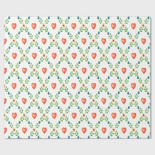 Rode Hart Bloemen Kruissteek Cadeaupapier (Vlak)