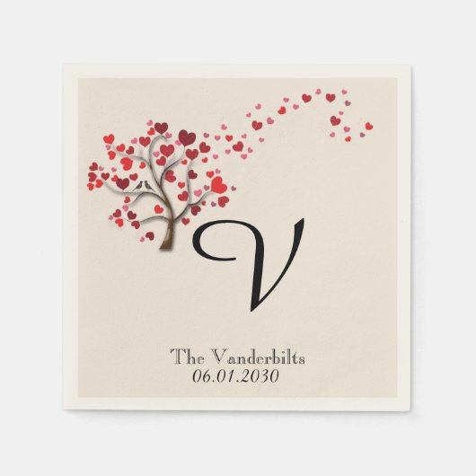 Rode Hart Boom op Ivoor Bruiloft Servet (Voorkant)