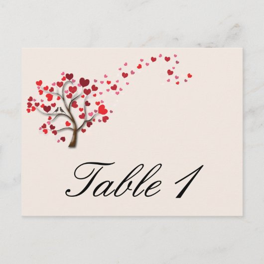 Rode Hart Boom op Ivoor Bruiloft Tafel Nummer Briefkaart (Voorkant)