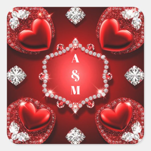 Rode Hart Diamanten Sieraden Romantiek ❤️ Vierkante Sticker (Voorkant)