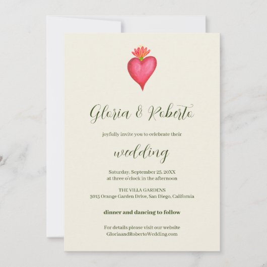 Rode Hart en Bloem Mexicaanse Bruiloft Kaart (Voorkant)