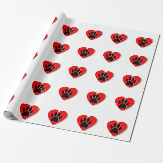 Rode Hart en Hond Poot Print Cadeaupapier (Uitgerold)