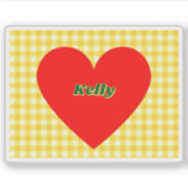 Rode Hart Gele Gingham Valentijnsdag Sticker (Voorkant)