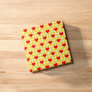Rode Hart Gele Gingham Valentijnsdag Tegeltje