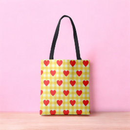 Rode Hart Gele Gingham Valentijnsdag Tote Bag