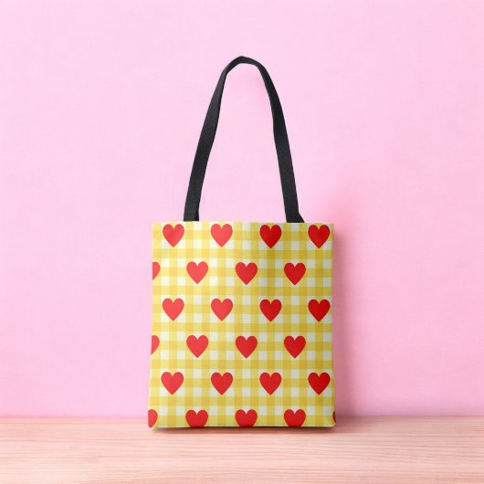 Rode Hart Gele Gingham Valentijnsdag Tote Bag