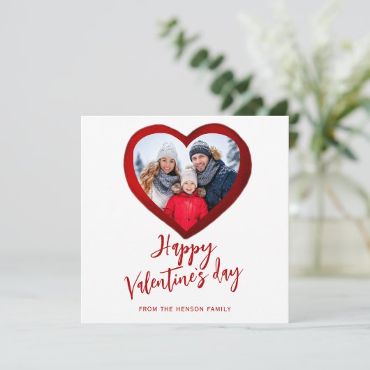 Rode Hart Gelukkige Valentijnsdag Familiefoto Feestdagenkaart (Staand voorkant)
