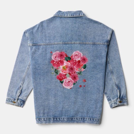 Rode Hart Liefde roze Bloemen Valentijnsdag Vrouwe Denim Jacket (Achterkant)